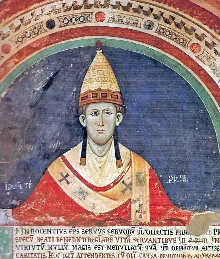 英诺森三世(1161-1216)画像,他的布道词“我今日立你在列邦列国之上,为要施行拔出、拆毁、损坏、颠覆,又要去建立、栽植”,可以充分看出来他奉行教权、教廷至上